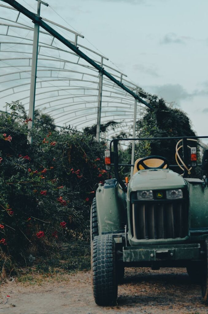 A green tractor parked inside a Baku greenhouse amid lush plants.
